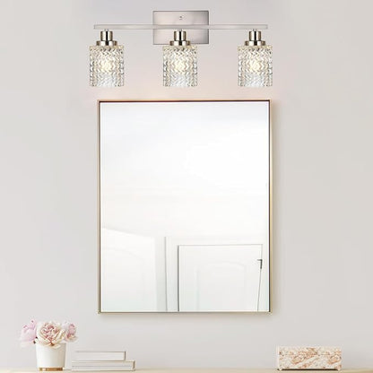 MELUCEE 3 Lights Bathroom Light Fixtures Brushed Nickel | Modern Vanity Lights Indoor Wall Mounted Light with Hammered Glass Shade Suitable for Bathroom Living Room Hallway