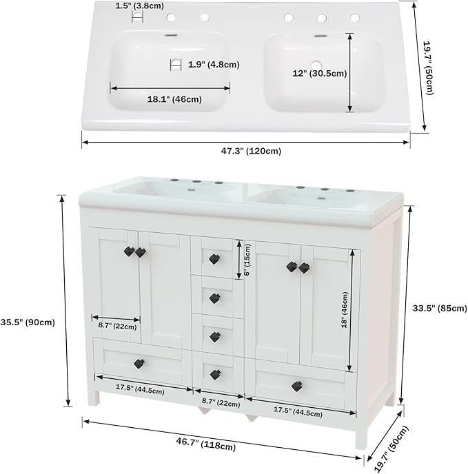 48" Bathroom Vanities with Sink Combo, Modern Double Bathroom Vanity with 4 Doors & 5 Drawers, Freestanding White Bathroom Cabinet with Double Ceramic Sink, White