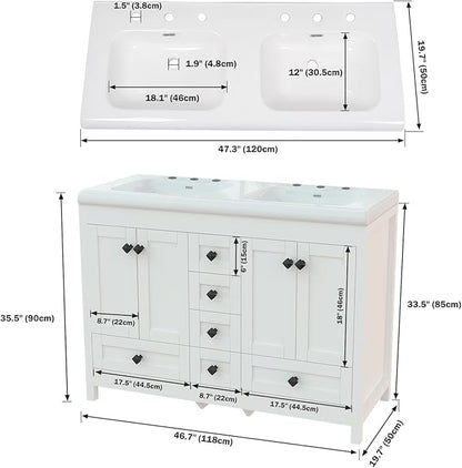 48" Bathroom Vanities with Sink Combo, Modern Double Bathroom Vanity with 4 Doors & 5 Drawers, Freestanding White Bathroom Cabinet with Double Ceramic Sink, White