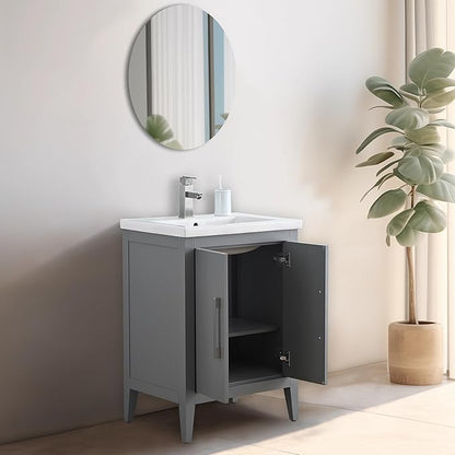 Vanity Art 24 inch Bathroom Vanity with Single Sink & Ceramic Top, Vanity Cabinet with Soft-Closing Doors, Solid Wood Frame, Cashmere Gray, VA9024-G-MB1