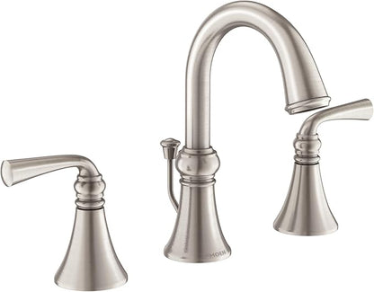 Moen Wetherly Spot Resist Brushed Nickel Two-Handle Widespread Bathroom Faucet with Valve Included, 3-hole Deck Mounted Setup, WS84855SRN