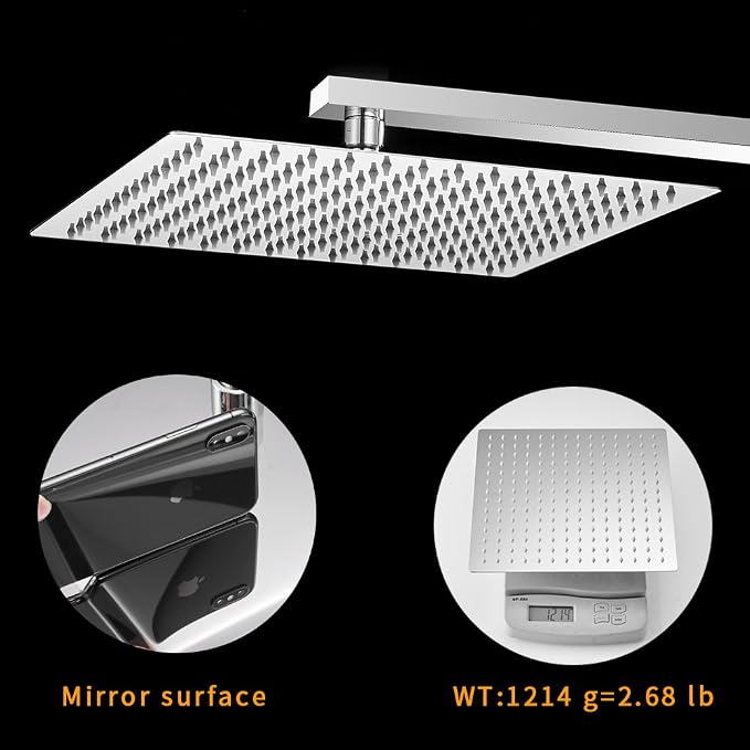 12 Inch Rain Shower Head High Pressure Rainfall Shower Head Chrome | Square Rain Bathroom Showerhead, High Flow, Large Stainless Steel, Ceiling Mounted, Wall Mounted, Waterfall Full Body