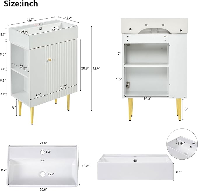 22" Small Bathroom Vanity with Sink, Morden Bathroom Vanities with Soft-Close Door and Open Shelf, Freestanding Narrow Vanity for Compact Space-Saving Bathrooms (White,22" Freestanding Left Shelf)