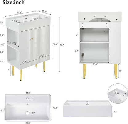 22" Small Bathroom Vanity with Sink, Morden Bathroom Vanities with Soft-Close Door and Open Shelf, Freestanding Narrow Vanity for Compact Space-Saving Bathrooms (White,22" Freestanding Left Shelf)