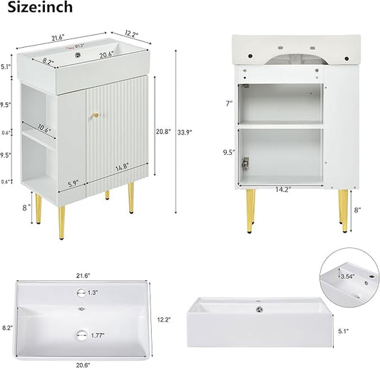 22" Small Bathroom Vanity with Sink, Morden Bathroom Vanities with Soft-Close Door and Open Shelf, Freestanding Narrow Vanity for Compact Space-Saving Bathrooms (White,22" Freestanding Left Shelf)