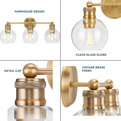 Hansford Collection 3-Light Clear Glass Farmhouse Bath Vanity Light Vintage Brass