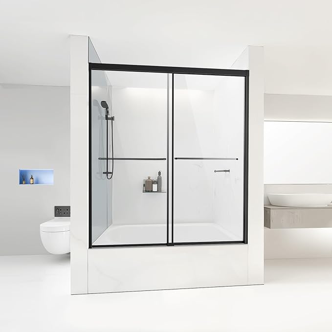 VEVOR Bathtub Shower Door, 56-60" W x 60" H, Semi-Frameless Double Sliding Tub Door, Semi-Frameless Bypass Tub Door with 1/4 in Shatterproof Tempered Glass and Stainless Steel Handle, Black