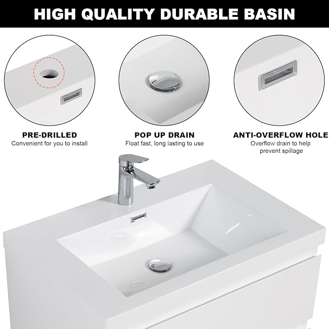 Pre-Assembled 30'' Wall Mounted Bathroom Vanity with Sink, Glossy White | Floating Bathroom Vanity with Solid Surface Top Basin, 2 Soft-Close Drawers, Resin Integrated Sink, Easy to Install & Clean