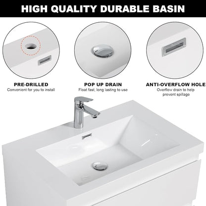 Pre-Assembled 30'' Wall Mounted Bathroom Vanity with Sink, Glossy White | Floating Bathroom Vanity with Solid Surface Top Basin, 2 Soft-Close Drawers, Resin Integrated Sink, Easy to Install & Clean