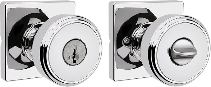 Kwikset Maven Entry Door Knob with Lock and Key, Secure Keyed Handle Exterior, Square Front Entrance and Bedroom, Polished Chrome, Pick Resistant SmartKey Rekey Security and Microban