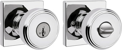 Kwikset Maven Entry Door Knob with Lock and Key, Secure Keyed Handle Exterior, Square Front Entrance and Bedroom, Polished Chrome, Pick Resistant SmartKey Rekey Security and Microban