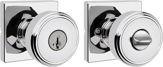 Kwikset Maven Entry Door Knob with Lock and Key, Secure Keyed Handle Exterior, Square Front Entrance and Bedroom, Polished Chrome, Pick Resistant SmartKey Rekey Security and Microban