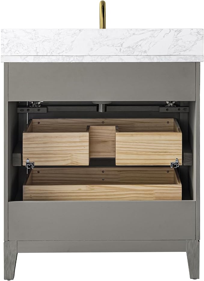 Vanity Art 30" Bathroom Vanity with Single Sink & Arabescato White Engineered Stone Top, Vanity Cabinet with Soft Closing Door, Solid Wood Frame, Golden Brushed Handles, Driftwood Gray VA8130-DG-GB