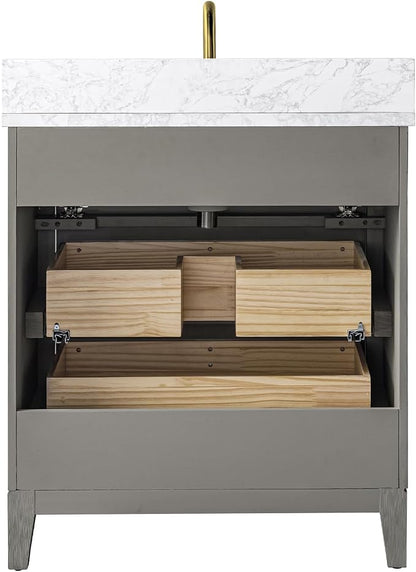 Vanity Art 30" Bathroom Vanity with Single Sink & Arabescato White Engineered Stone Top, Vanity Cabinet with Soft Closing Door, Solid Wood Frame, Golden Brushed Handles, Driftwood Gray VA8130-DG-GB