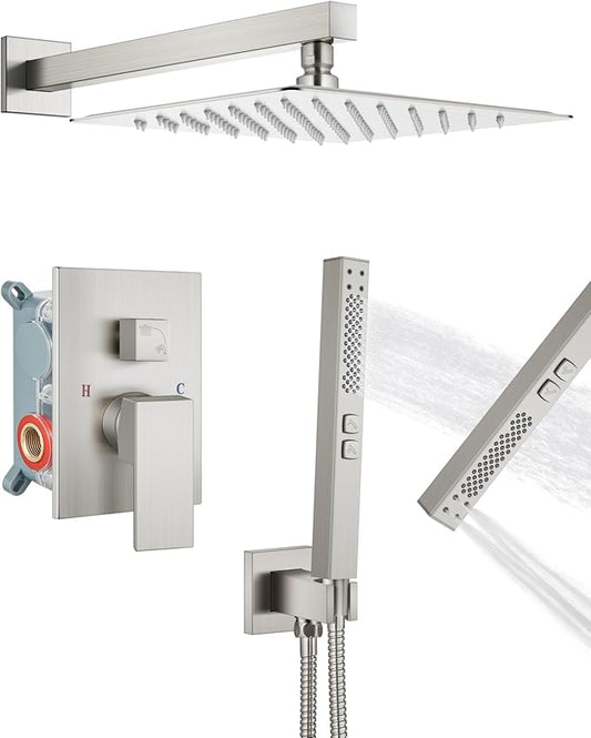 Shower Faucet Set 10-Inch Rain Shower System Brushed Nickel | Square SUS304 Shower Head, Dual-Mode Hand Spray, 59-Inch Hose and Brass Rough-In Valve for a Complete Wall-Mount Installation