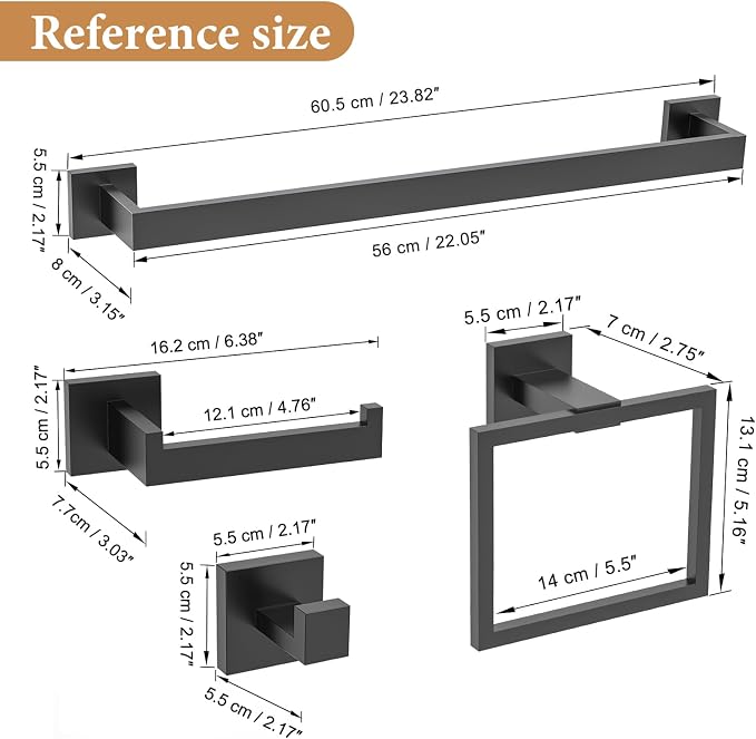 TURS 5-Piece Bathroom Hardware Set Matte Black Towel Bar Set Bath Towel Holder Sets SUS 304 Stainless Steel Wall Mounted Towel Rack Sets for Bathroom.