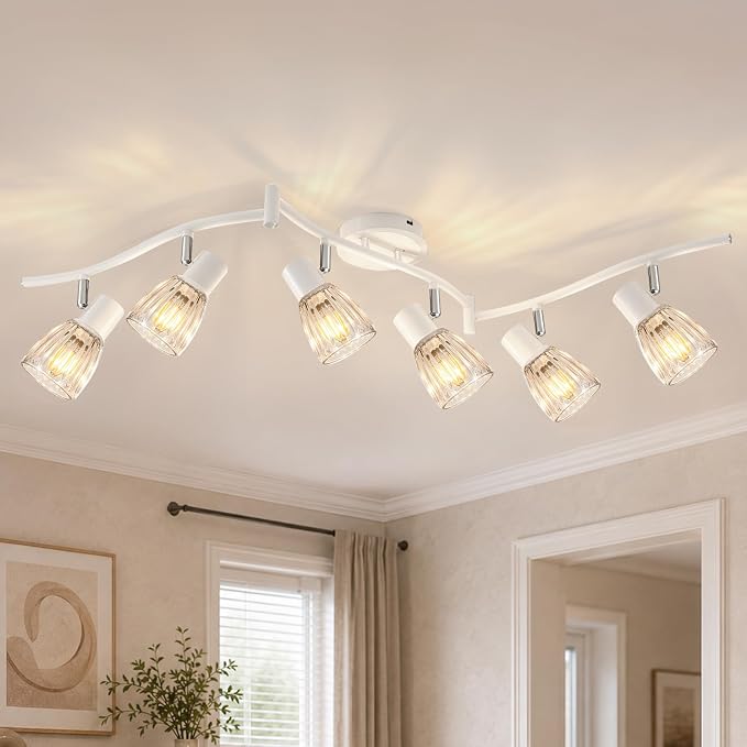 HiBay 6-Light Track Lighting, Flexible Modern Ceiling Light Fixture White | with Glass Shades, Flush Mount Ceiling Wall Track Spot Lights Indoor for Kitchen, Living Room, Bedroom, E12 Base, No Bulbs