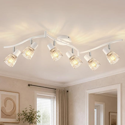 HiBay 6-Light Track Lighting, Flexible Modern Ceiling Light Fixture White | with Glass Shades, Flush Mount Ceiling Wall Track Spot Lights Indoor for Kitchen, Living Room, Bedroom, E12 Base, No Bulbs