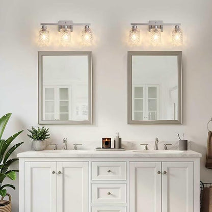 Mecgirn Stainless Steel Bathroom Vanity Light Over Mirror, 3 Light Brushed Nickel Bathroom Light Fixtures with Textured Glass Shades, Ceramic E26 Sockets Wall Mounted