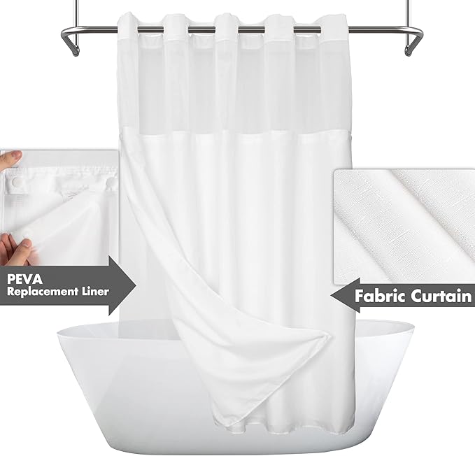 River Dream Extra Long No Hook Slub Textured Shower Curtain with Snap-in PEVA Liner Set - 71" x 86"(84"), Hotel Style with See Through Top Window, Fabric Curtain & Waterproof Liner, White, 71x86