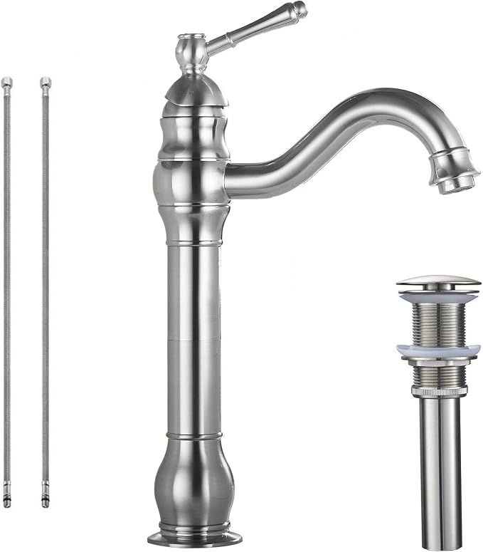 Bathroom Vessel Bowl Sink Faucet Brushed Nickel Single Handle with Drain | One Hole Lavatory Vanity Faucet 360° Swivel Matching Pop up Drain without Overflow Commercial Deck Mount