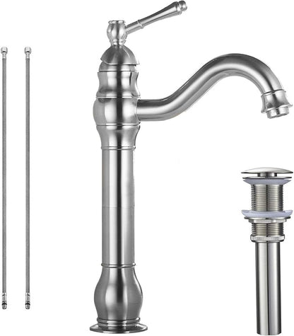 Bathroom Vessel Bowl Sink Faucet Brushed Nickel Single Handle with Drain | One Hole Lavatory Vanity Faucet 360° Swivel Matching Pop up Drain without Overflow Commercial Deck Mount