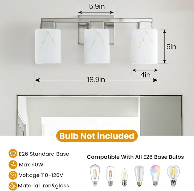 3-Light Square Bathroom Light Fixture, Brushed Nickel Modern Vanity Light with White Marble Glass Shade, for Bathroom Mirror, Living Room, Bedroom, Hallway, E26 Base