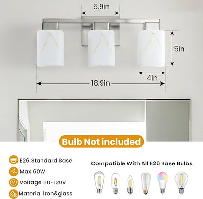 3-Light Square Bathroom Light Fixture, Brushed Nickel Modern Vanity Light with White Marble Glass Shade, for Bathroom Mirror, Living Room, Bedroom, Hallway, E26 Base
