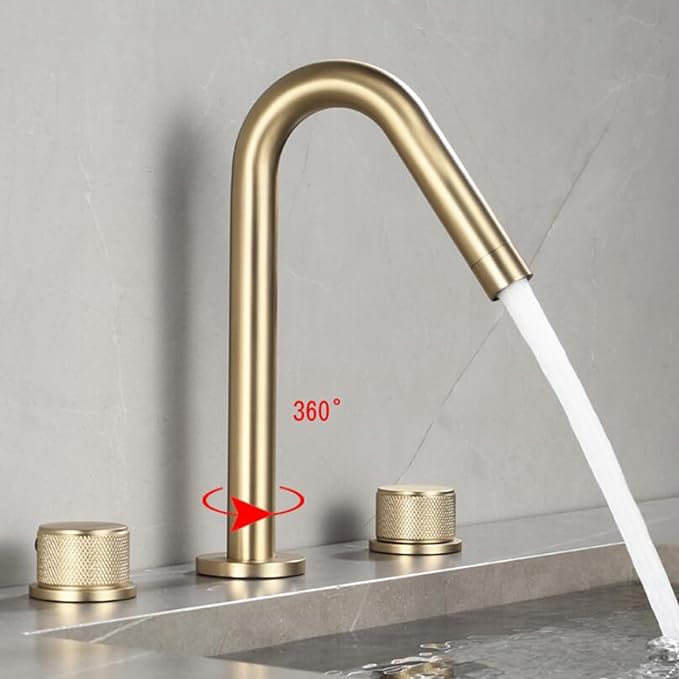 3 Hole Basin Mixer Faucet Brass Swivel Hot and Cold Water Double Handle 3 Hole Bathroom Faucets-Brushed Gold