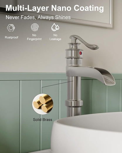 BWE Vessel Sink Faucet Waterfall Tall Brushed Nickel Bathroom Faucet | Single Handle 1 Hole Brass Countertop Lavatory Vanity Mixer Tap with Pop Up Drain and Supply Lines for RV Bar No Overflow