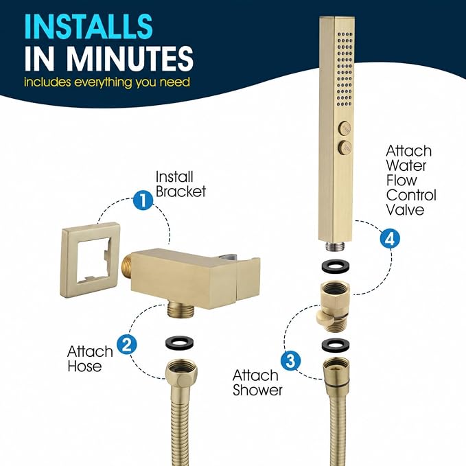 All-Metal High Pressure Square Handheld Shower Head with Jet Spray and Rainfall Modes, Volume Control Regulator, ON/OFF Switch, Hose and Wall Mounted Adjustable Bracket (Brushed Gold)