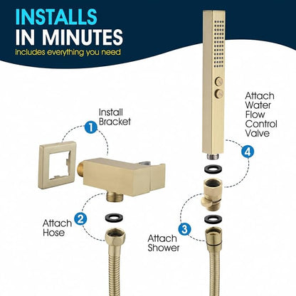 All-Metal High Pressure Square Handheld Shower Head with Jet Spray and Rainfall Modes, Volume Control Regulator, ON/OFF Switch, Hose and Wall Mounted Adjustable Bracket (Brushed Gold)