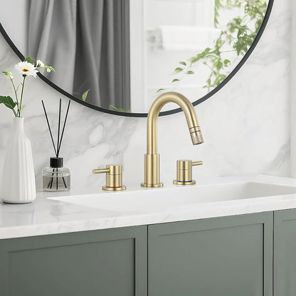8 Inch Bathroom Faucet 3 Hole Gold Pull Down Bathroom Sink Faucet | Stainless Steel,Two Water Flow Modes,Brushed Nickle,3 hole Widespread,Pop-up Drain,Water Supply Hoses,Pull Down Sprayer,