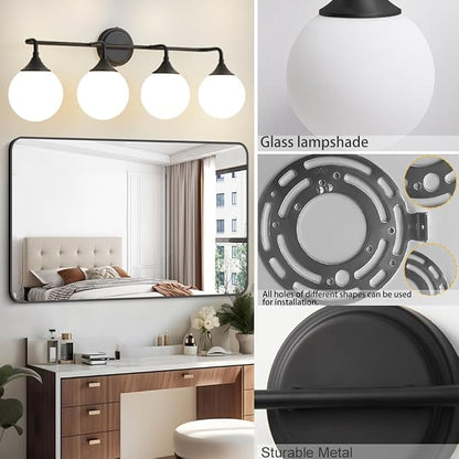 Black Bathroom Light Fixtures Over Mirror Vanity 4-Light | Mid Century Modern Matte Black Wall Sconce with Milky White Glass Ball Shades for for Bathroom Dressing Table Bedroom