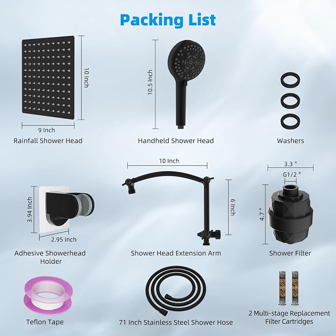 Hibbent 10" Dual Filtered Shower Head Combo, 10-spray Handheld, Black | All Metal High Pressure Rainfall Shower Head Combo with Filter, 16" Extension Arm, 3-way Diverter, 71" Hose & Shower Holder