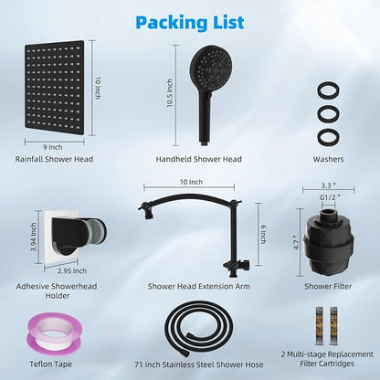 Hibbent 10" Dual Filtered Shower Head Combo, 10-spray Handheld, Black | All Metal High Pressure Rainfall Shower Head Combo with Filter, 16" Extension Arm, 3-way Diverter, 71" Hose & Shower Holder
