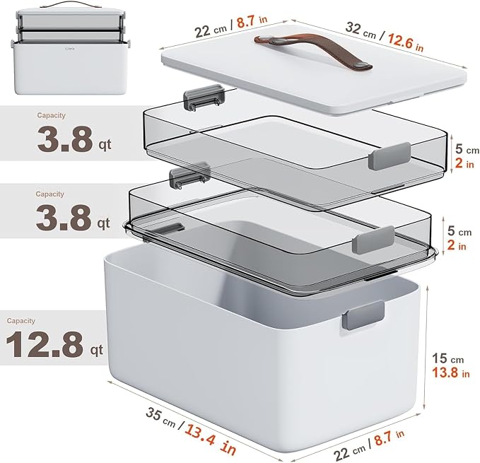 Spreezy 3-Tier Medicine Storage Box, Portable Empty First Aid Kit | Cabinet with Leather Handles. Large Capacity Multifunctional Storage Box with Lid and Clasp for Medicine, Sewing, Art, Craft