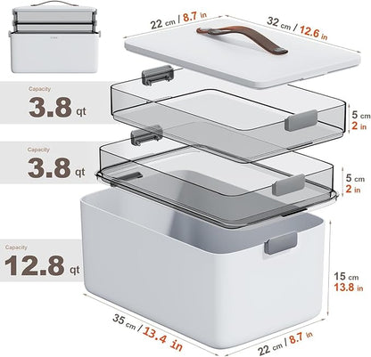 Spreezy 3-Tier Medicine Storage Box, Portable Empty First Aid Kit | Cabinet with Leather Handles. Large Capacity Multifunctional Storage Box with Lid and Clasp for Medicine, Sewing, Art, Craft