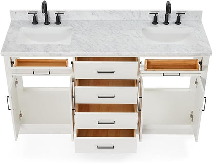ARIEL Hepburn 66-inch Bathroom Vanity with Sink,Solid Wood, 0.75-inch Italian Carrara Marble Countertop, Double Rectangular Porcelain Sink, 4 Soft Closing Doors, 6 Dovetail Drawers, White