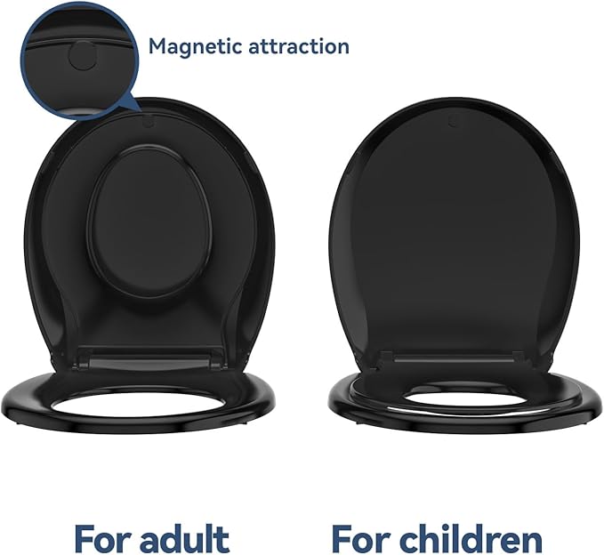 Round Toddler Toilet Seat Adult/Child,Built-In Potty Training Seat, Soft Quiet Close Non-Slip Seat,Magnetic Kids Seat and Cover,Black