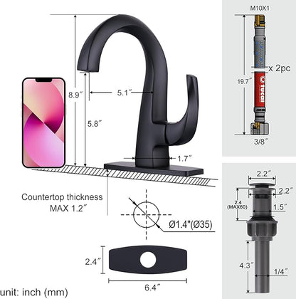 WOWOW Single Handle Bathroom Faucet, Matte Black, 1 Hole, High Arc, Pop Up Drain, Solid Brass, Easy Installation, 5 Year Warranty