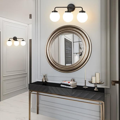 Black Bathroom Light Fixtures Over Mirror, 3-Light Modern Vanity Lighting with Milk White Glass Globe Shade Wall Sconce