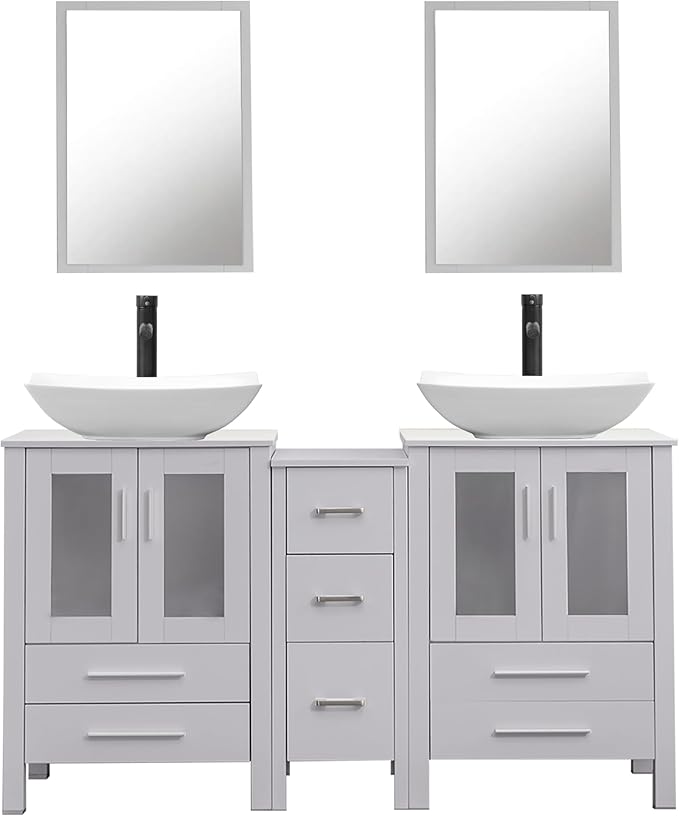 UEV 60" Double Sink Bathroom Vanity,Grey Bathroom Vanity with Double Side Vanity Cabinets & Removable 3 Drawer Storage Cabinet,Modern Artistic Ceramic Vessel Sink Combo,Mirror Not Included(032WH)