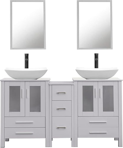 UEV 60" Double Sink Bathroom Vanity,Grey Bathroom Vanity with Double Side Vanity Cabinets & Removable 3 Drawer Storage Cabinet,Modern Artistic Ceramic Vessel Sink Combo,Mirror Not Included(032WH)
