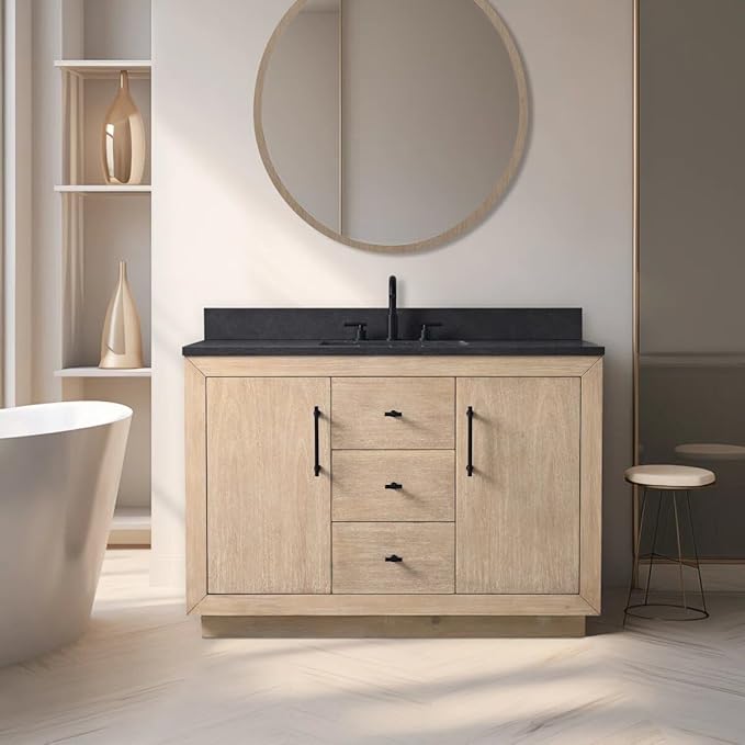 Vanity Art 48" Bathroom Vanity with Sink, Vanity Cabinet with Doors and Shelf, Modern Wood Bathroom Vanity with White Marble Top, Solid Wood Frame, 3 Functioning Drawers,VA70-48-LW-B