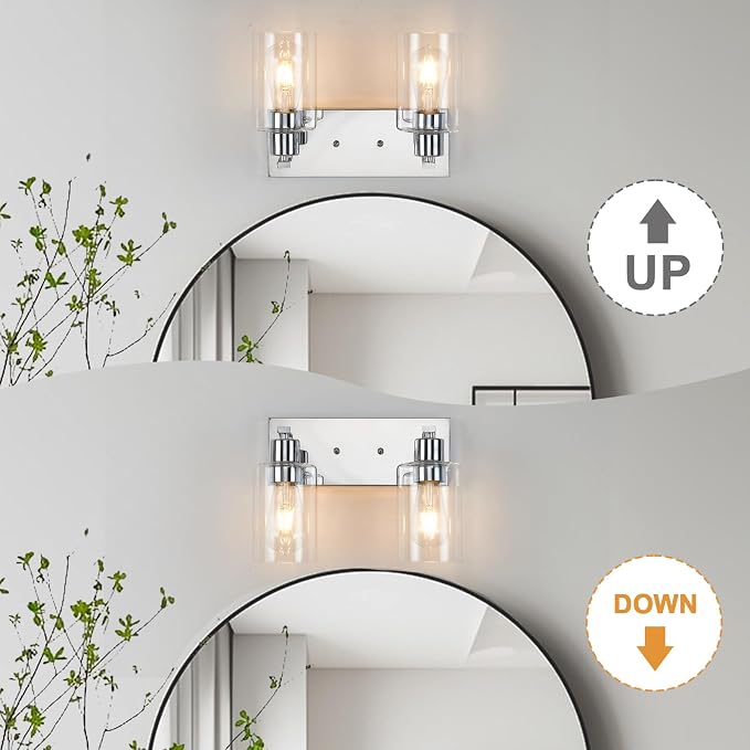 2 Lights Bathroom Light Fixtures Chrome Vanity Light with Clear Glass Shade 13in Modern Bathroom Lighting Fixtures Over Mirror for Bedroom/Living Room