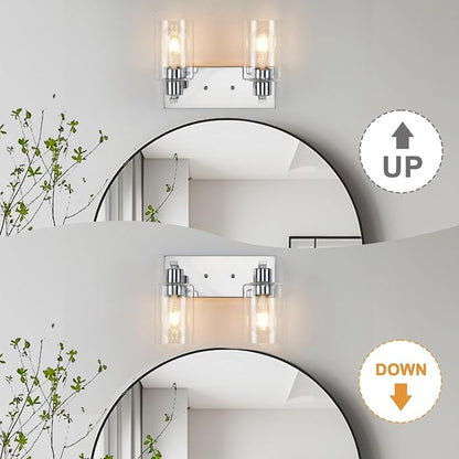 2 Lights Bathroom Light Fixtures Chrome Vanity Light with Clear Glass Shade 13in Modern Bathroom Lighting Fixtures Over Mirror for Bedroom/Living Room