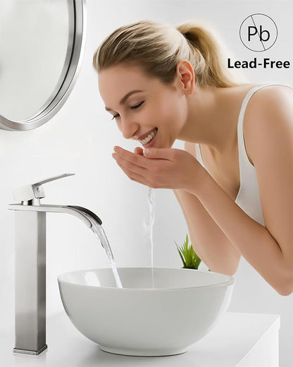 Vessel Sink Faucet Waterfall Tall Bathroom Faucet Single Handle,Single Hole Lavatory Vanity Mixer Tap with Pop Up Drain and Supply Lines,Brushed Nickel