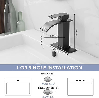 BWE Matte Black Bathroom Faucet Modern Waterfall Single Hole Faucet for Bathroom Sink Single Handle with Pop Up Drain with Overflow Assembly and Supply Line Lavatory Bath Faucet
