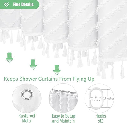 Extra Long Boho Fabric Shower Curtain Tufted Chevron 72"x84" White | 84 Inch Tall, Elegant Tassel, Lightweight Textured Fabric, Water Repellent, Washable, Hotel Spa, for Bathroom/Dorm 12 Hooks